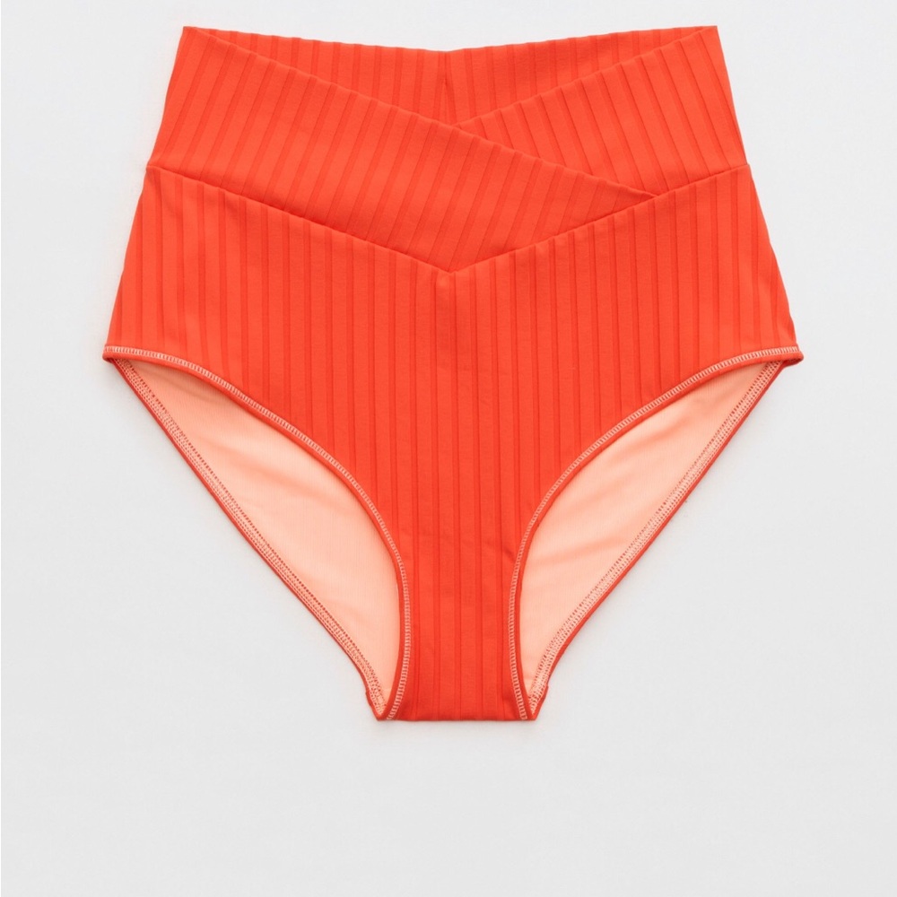 aerie Two-Tone Ribbed High-Waist Bikini Bottoms - Coral & Red